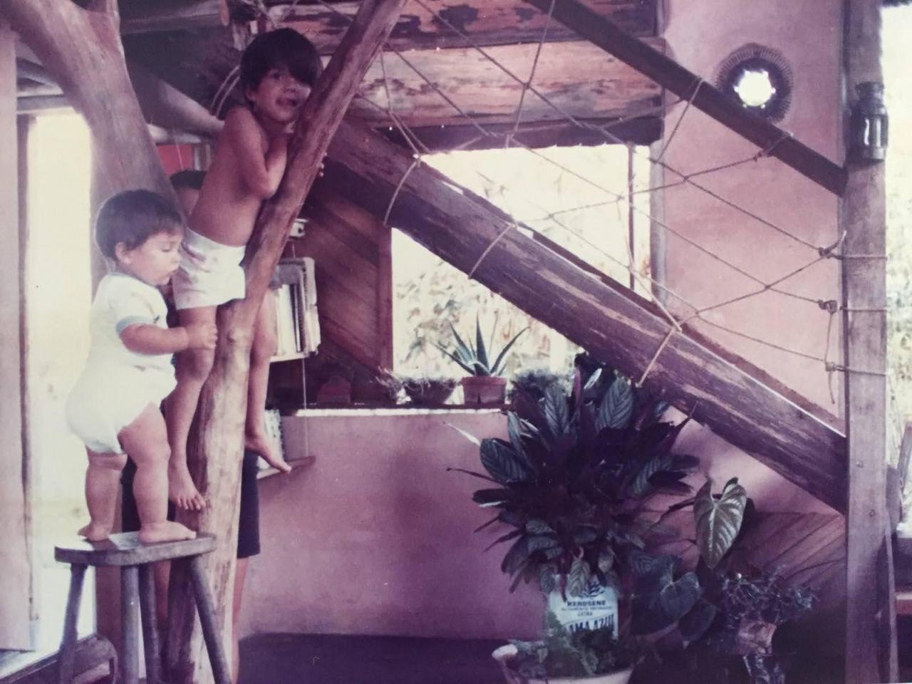 Children climbing a post inside a hand built timber house full of plants