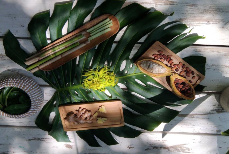 A dish plated on a monstera leaf