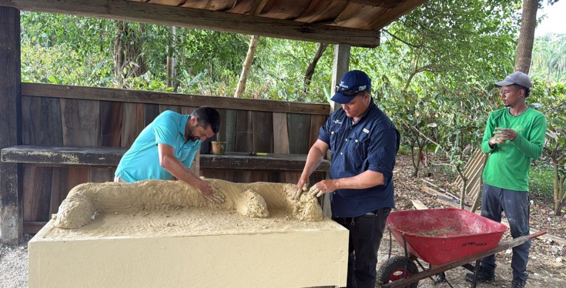 The crew casting the concrete counter