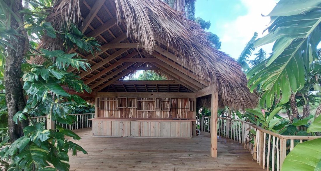 A thatched pavilion wrapped in planting