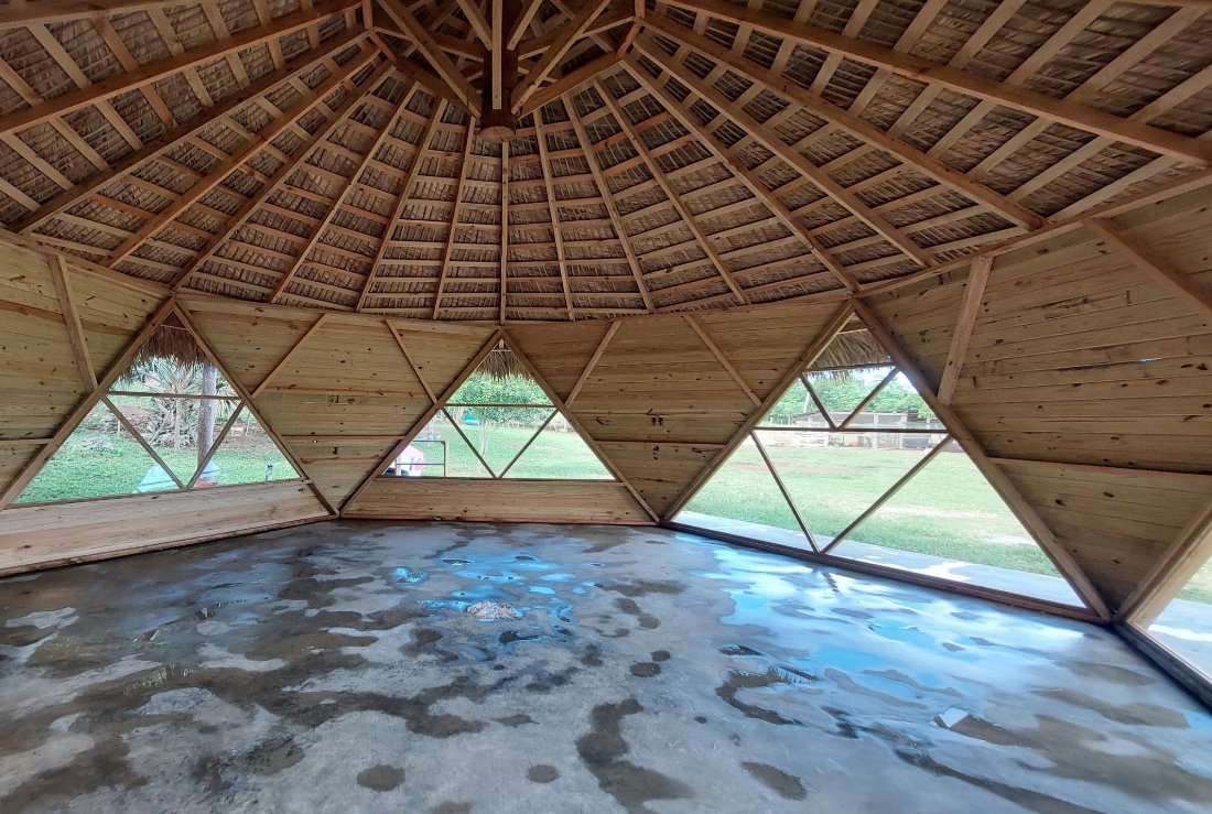 A bamboo geodesic dome seen from inside